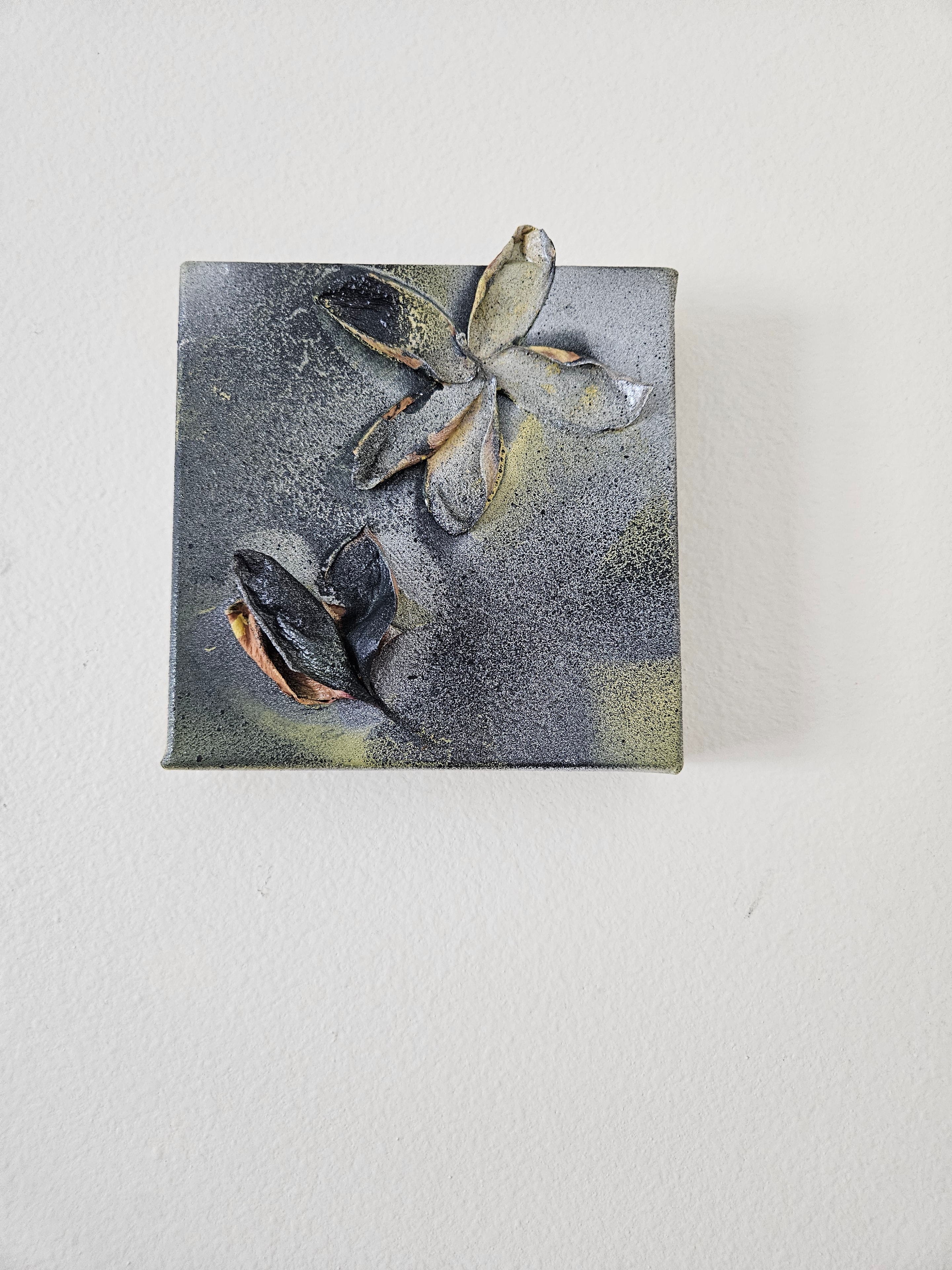 TFO-E01 Experiment 01 — small experimental canvas with organic forms mounted on white wall